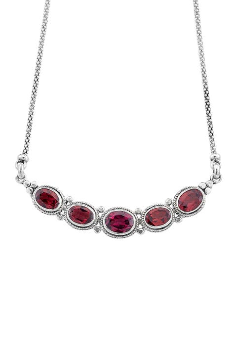 Sterling Silver 5 Station Bezel Set Garnet Pendant Necklace