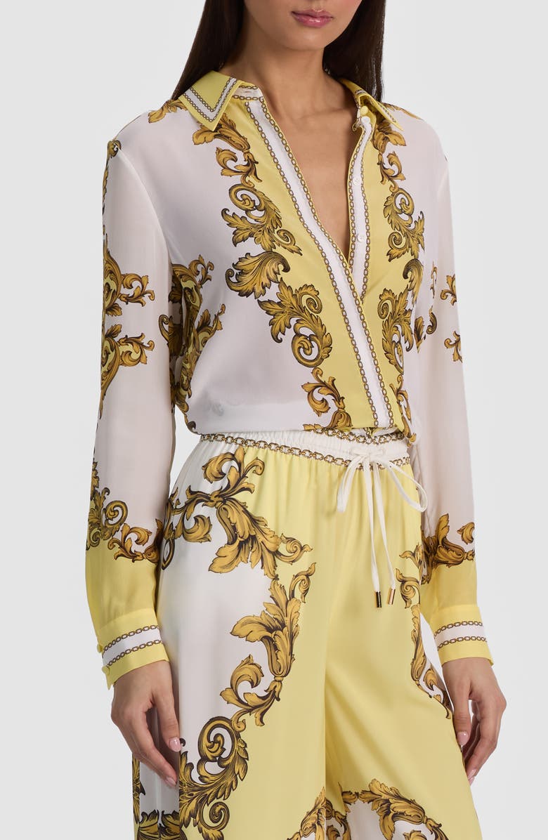 Alice + Olivia Willa Print Silk Button-Up Shirt, Alternate, color, Golden Coast