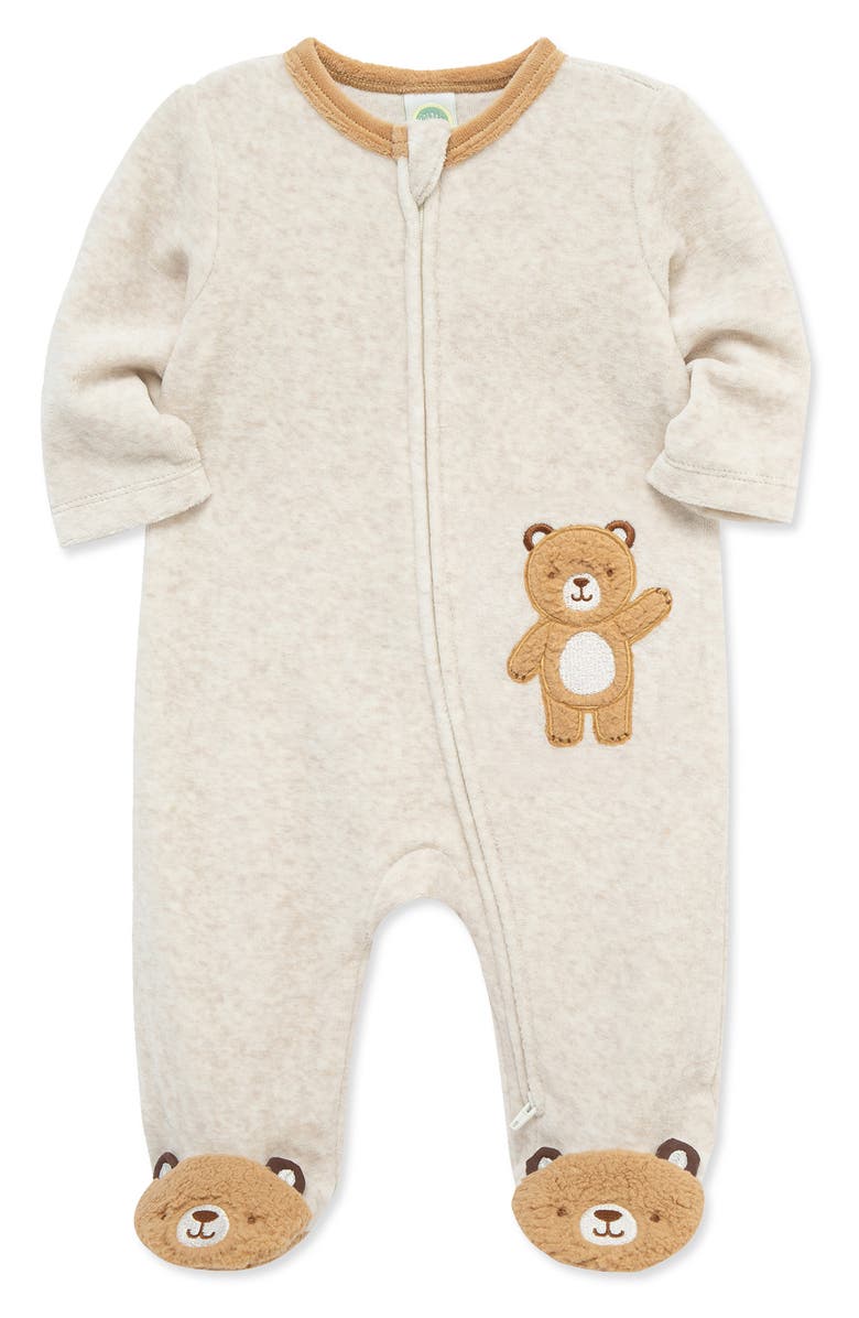 Little Me Fuzzy Bear Velour Zip Footie, Alternate, color, Oatmeal
