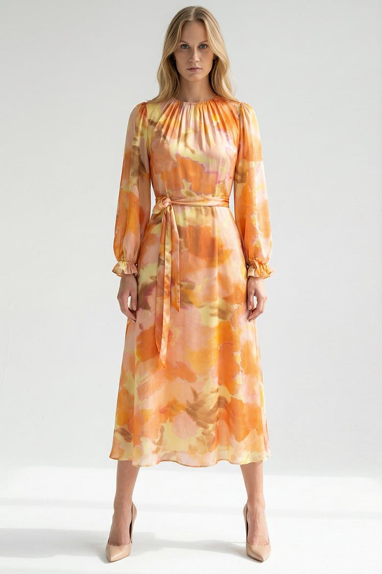 Crew Neck Long Sleeve Relaxed Fit Printed Dress, Alternate, color, Orange