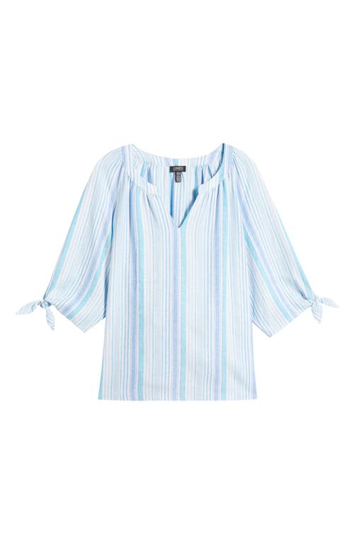 Jones New York Stripe Three Quarter Sleeve Linen Blend V-neck Top In Nyc White/turquoise
