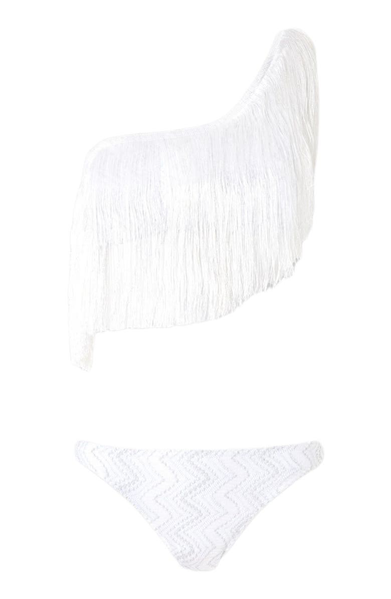 Missoni One-shoulder Zigzag Lamé Viscose Bikini With Fringes, Alternate, color, Silver