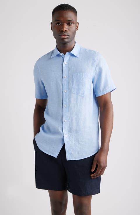 Solid Short Sleeve Linen Button-Up Shirt