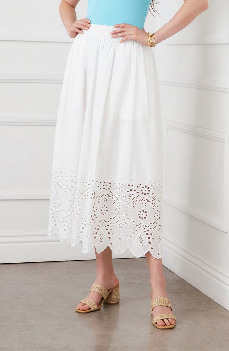 Karen Kane Embroidered Eyelet Cotton Midi Skirt, Alternate, color, Off White