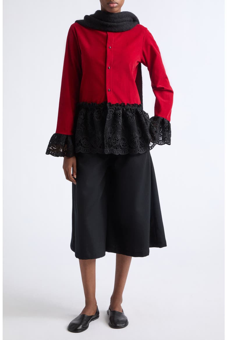 Ripple Corduroy Blouse with Lace Trim, Alternate, color, RED