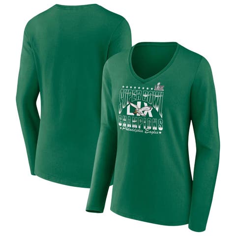 Women's Fanatics  Kelly Green Philadelphia Eagles Super Bowl LIX Champions Retro Logo Long Sleeve V-Neck T-Shirt