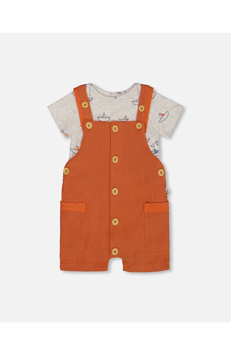 Deux par Deux Baby Boy's Printed Organic Cotton Bodysuit And Muslin Shortall Set Terracotta And Small Boats, Main, color, 