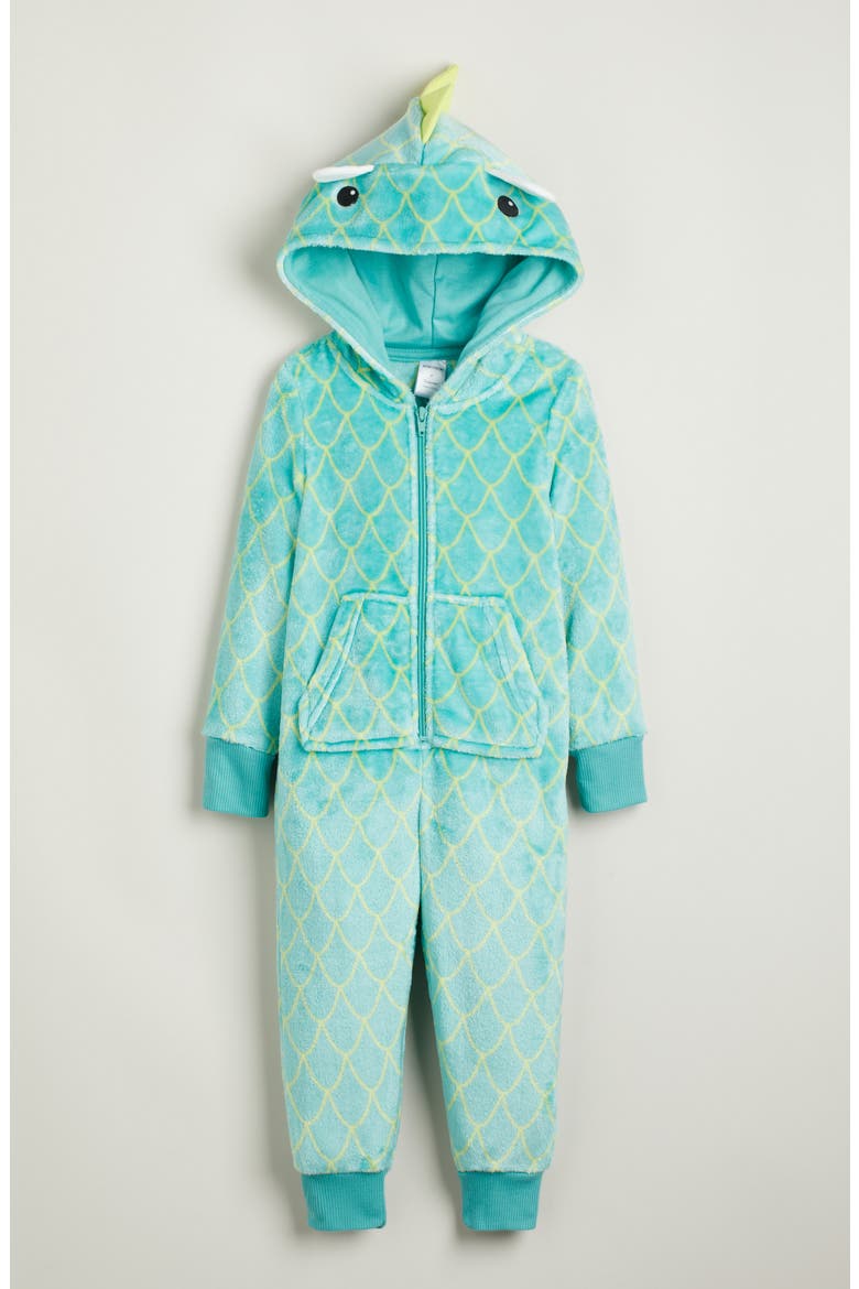 Kids' Hooded Fleece Sleeper Romper, Main, color, GREEN DRAGON SCALE