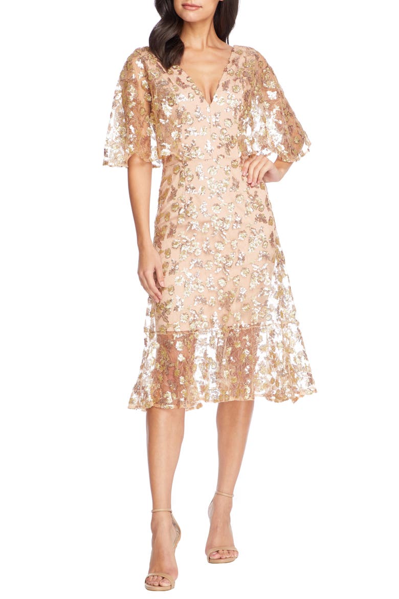 Roseanna Lace Sequin Fit & Flare Dress, Main, color, GOLD-NUDE