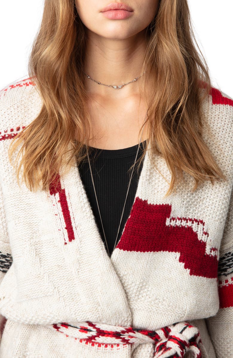 Zadig & Voltaire Stripe Tie Belt Wool & Cashmere Cardigan, Alternate, color, 