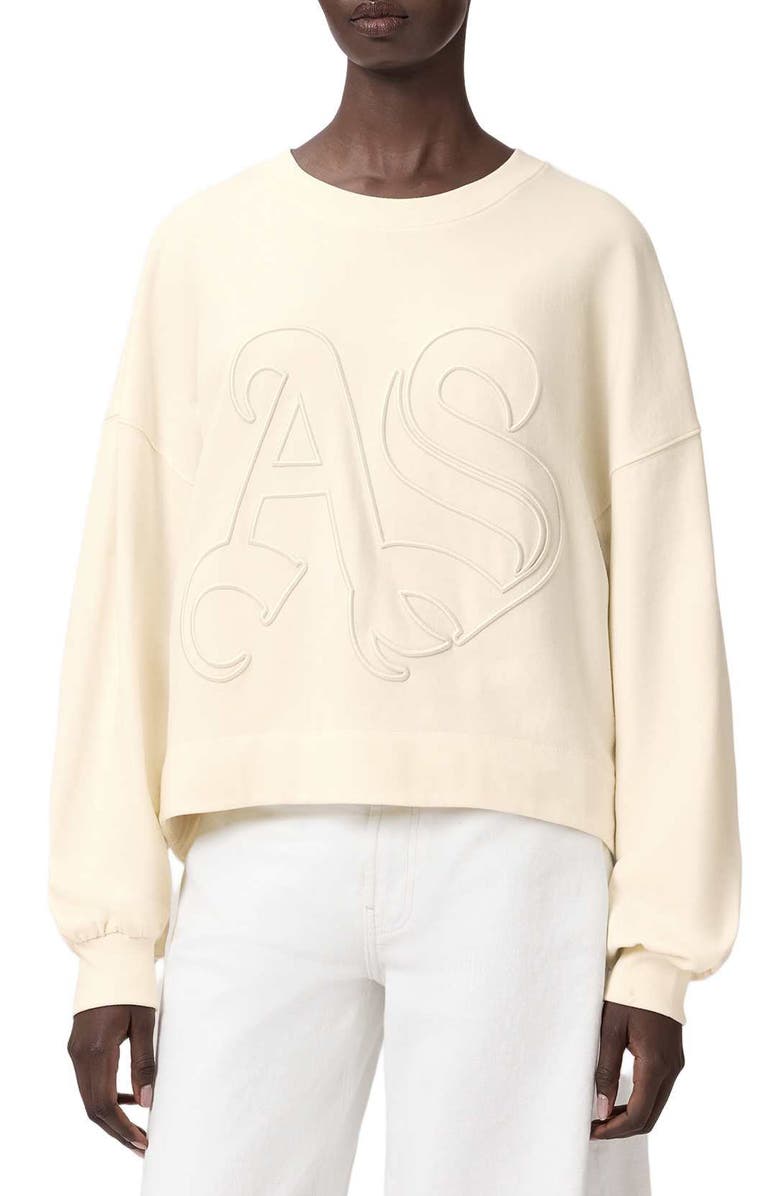 AllSaints Lila Embroidered Oversize Cotton Sweatshirt, Main, color, Pebble White