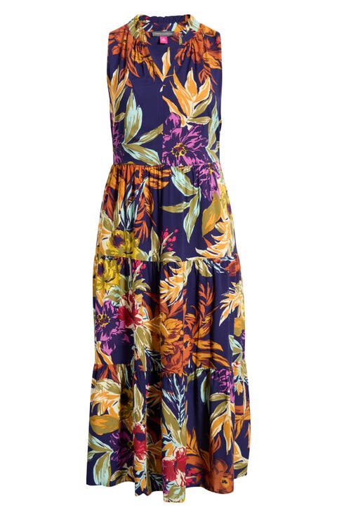 Print Sleeveless Tiered Maxi Dress (Plus)