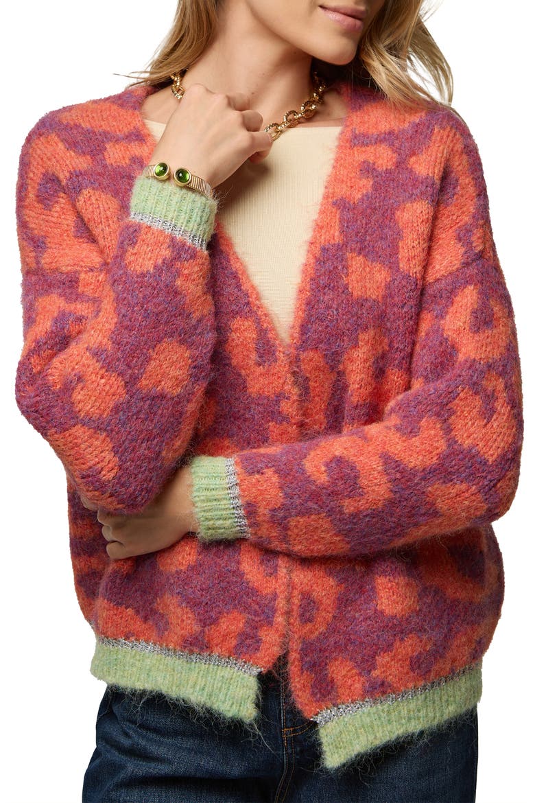 Fuzzy Knit Leopard Print Cardigan, Alternate, color, ORANGE