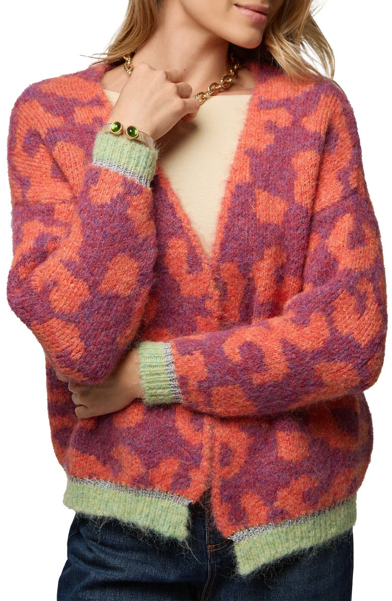 SAACHI Fuzzy Knit Leopard Print Cardigan, Alternate, color, Orange