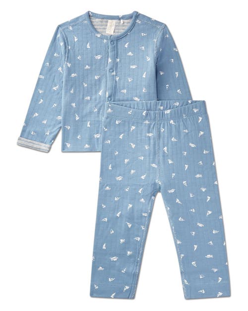 Minimoi 2 Piece Baby And Toddler Reversible 100% Cotton Pointelle Snap-up Top And Pants Set In Blue