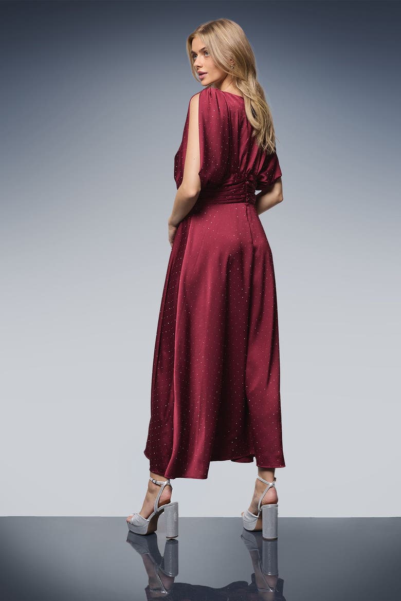Hotfix Detail Ruched Bodice Midi Dress, Alternate, color, Wine
