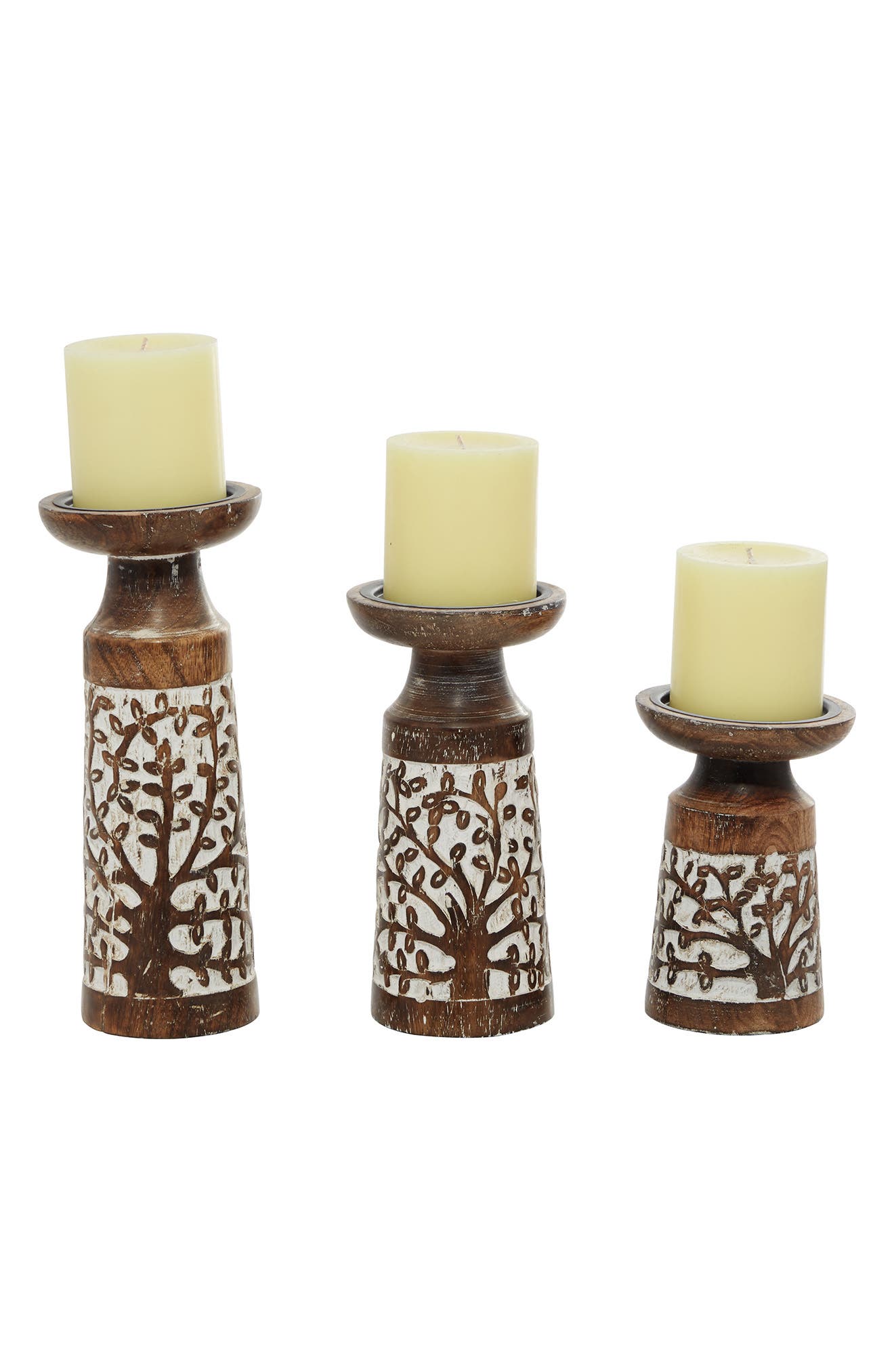 WILLOW ROW Natural Brown Mango Wood Candle Holder - Set of 3