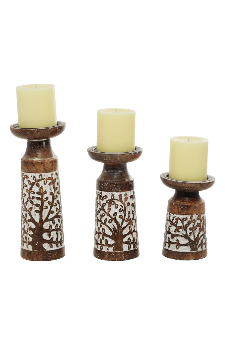 WILLOW ROW Natural Brown Mango Wood Candle Holder - Set of 3, Main, color, Brown