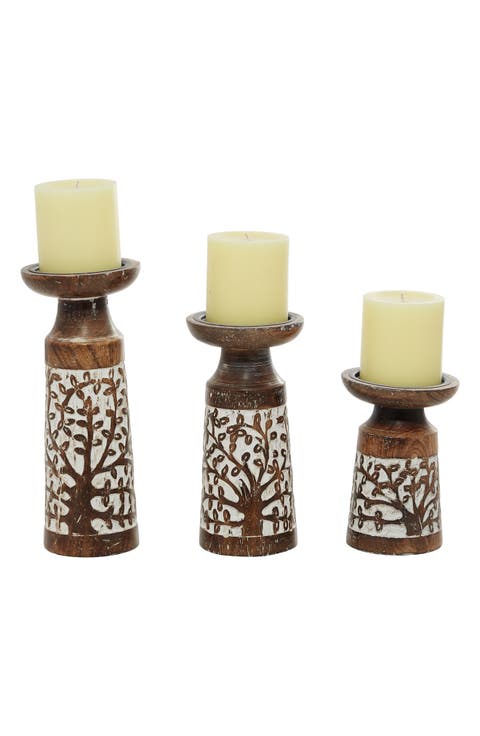 Natural Brown Mango Wood Candle Holder - Set of 3