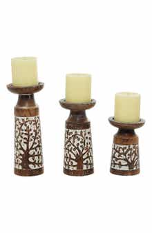WILLOW ROW Natural Brown Mango Wood Candle Holder - Set of 3