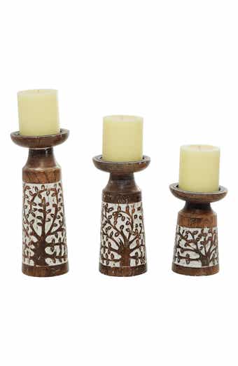 WILLOW ROW Natural Brown Mango Wood Candle Holder - Set of 3