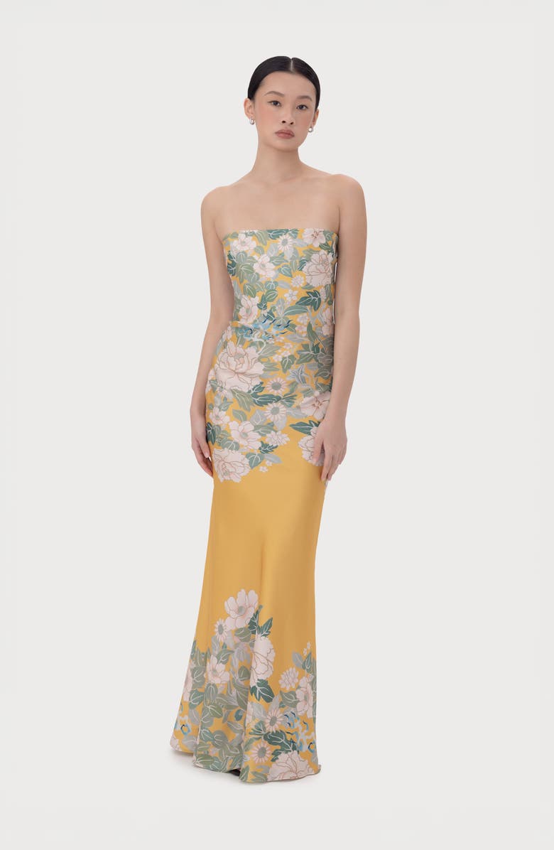SAU LEE Hesper Floral Satin Gown, Alternate, color, Yellow Multi