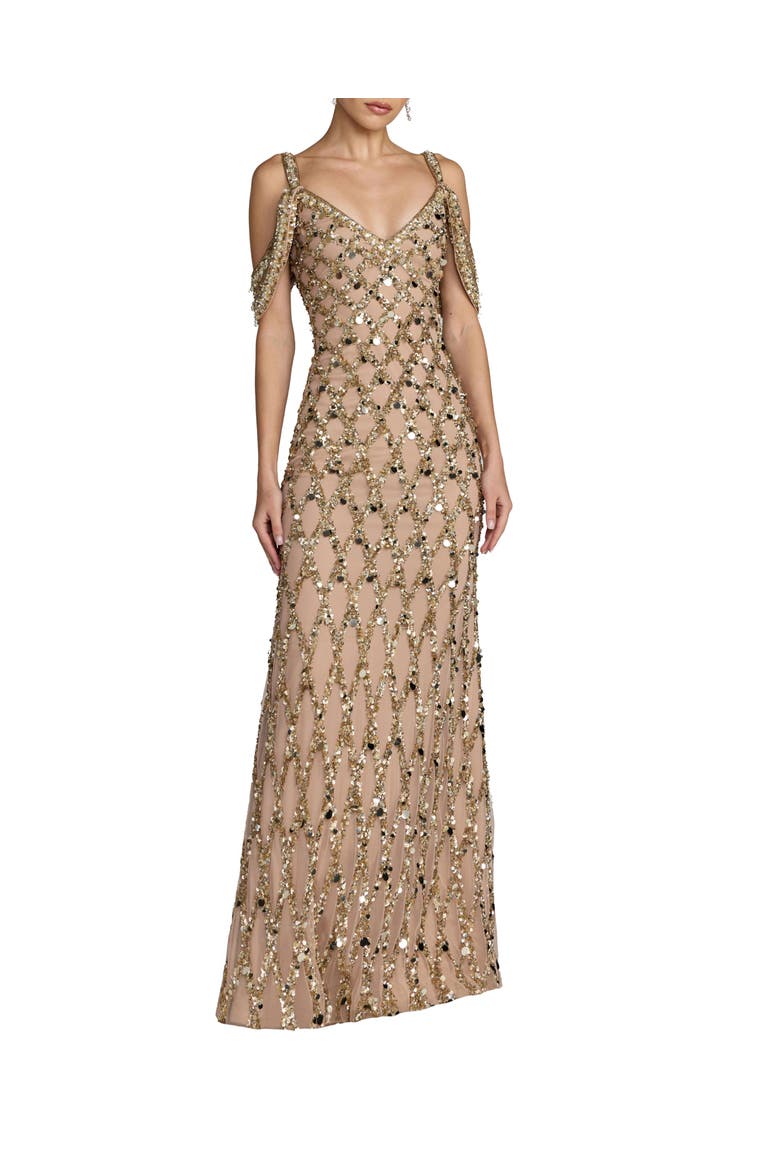 Sequin Embellished V-Neck Gown, Main, color, Gold