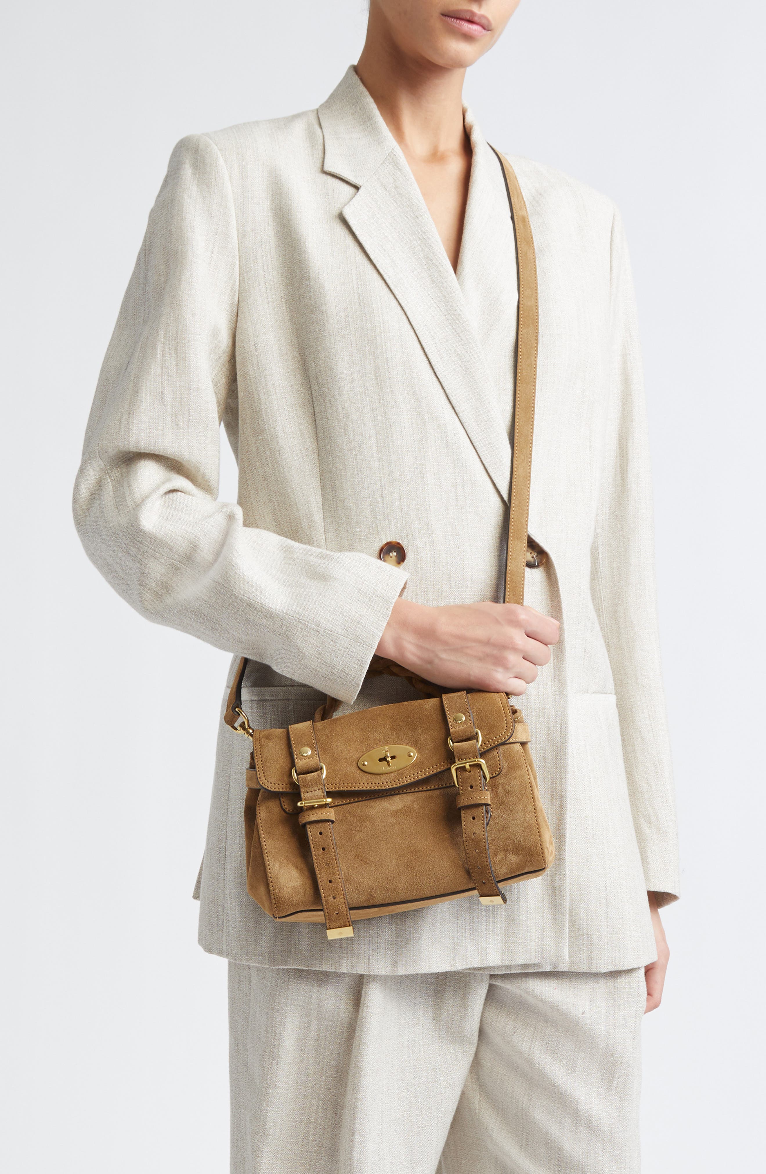 Mulberry Mini Alexa Suede Satchel, Alternate, color, Salcombe Sand
