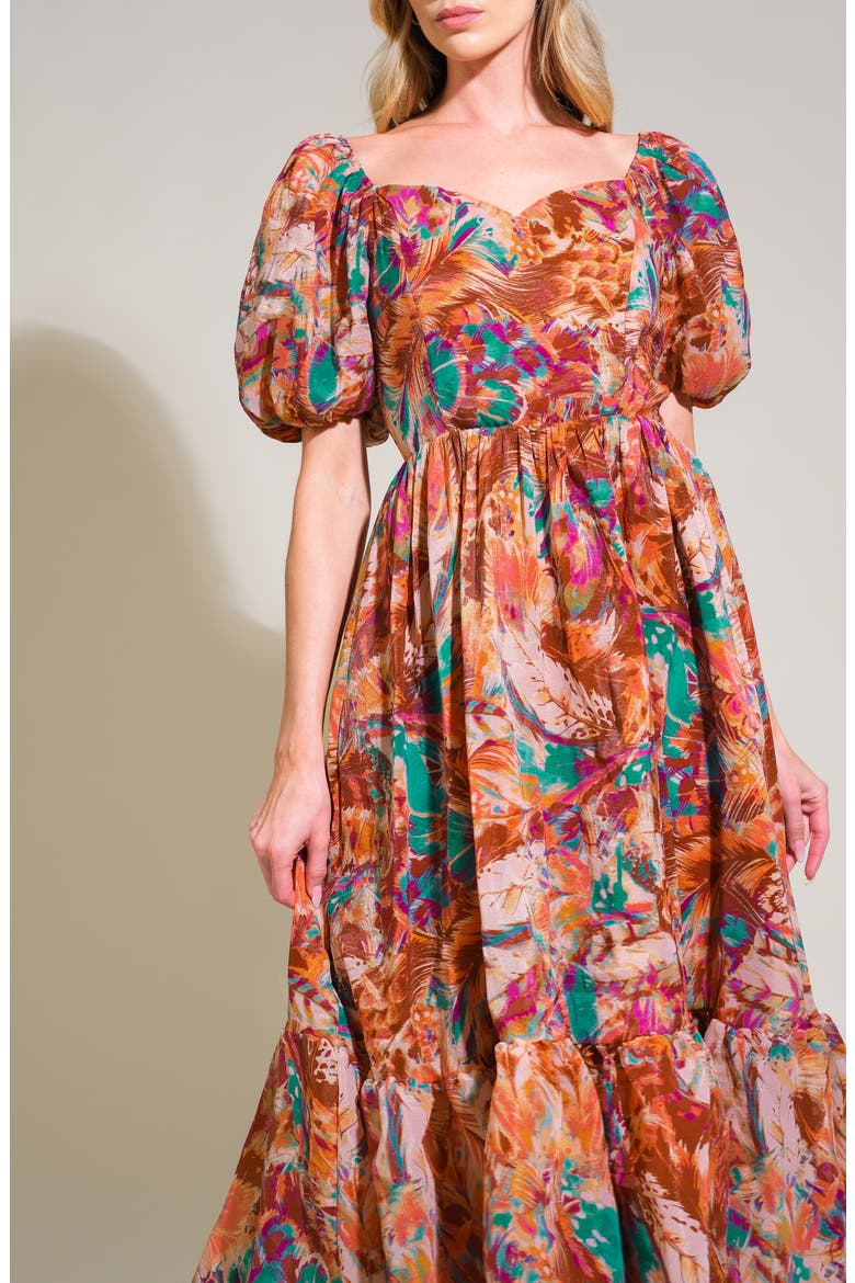 Puff Sleeve Tiered Midi Dress, Alternate, color, BROWN TURQUOISE