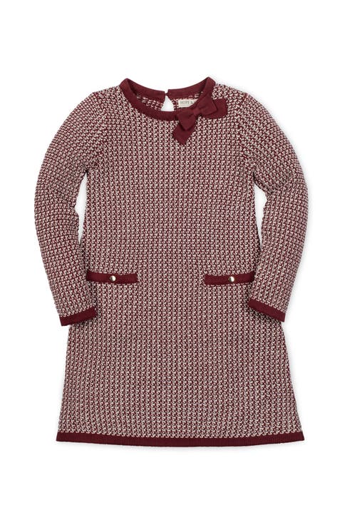 Kids' Organic Long Sleeve Bow Detail Intarsia Sweater Dress (Toddler, Little Kid and Big Kid)