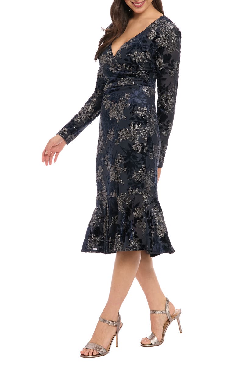 London Times Floral Burnout V-Neck Long Sleeve Faux Wrap Dress, Alternate, color, Navy
