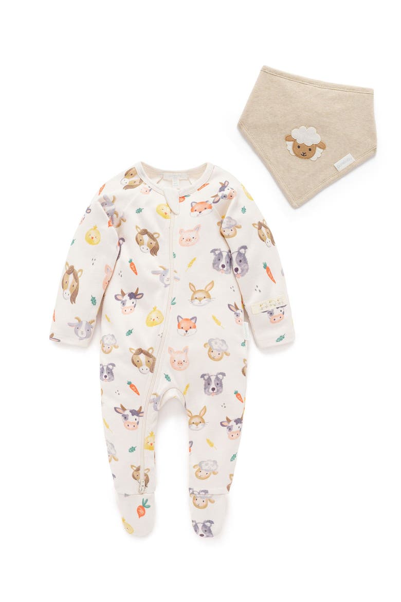 Thick Zip Footie & Bib Set, Main, color, Farm Friends Print