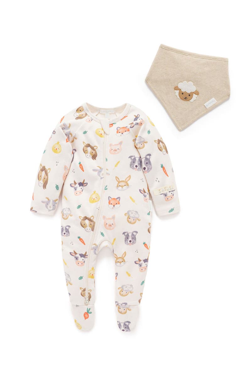 Purebaby Thick Zip Footie & Bib Set, Main, color, Farm Friends Print