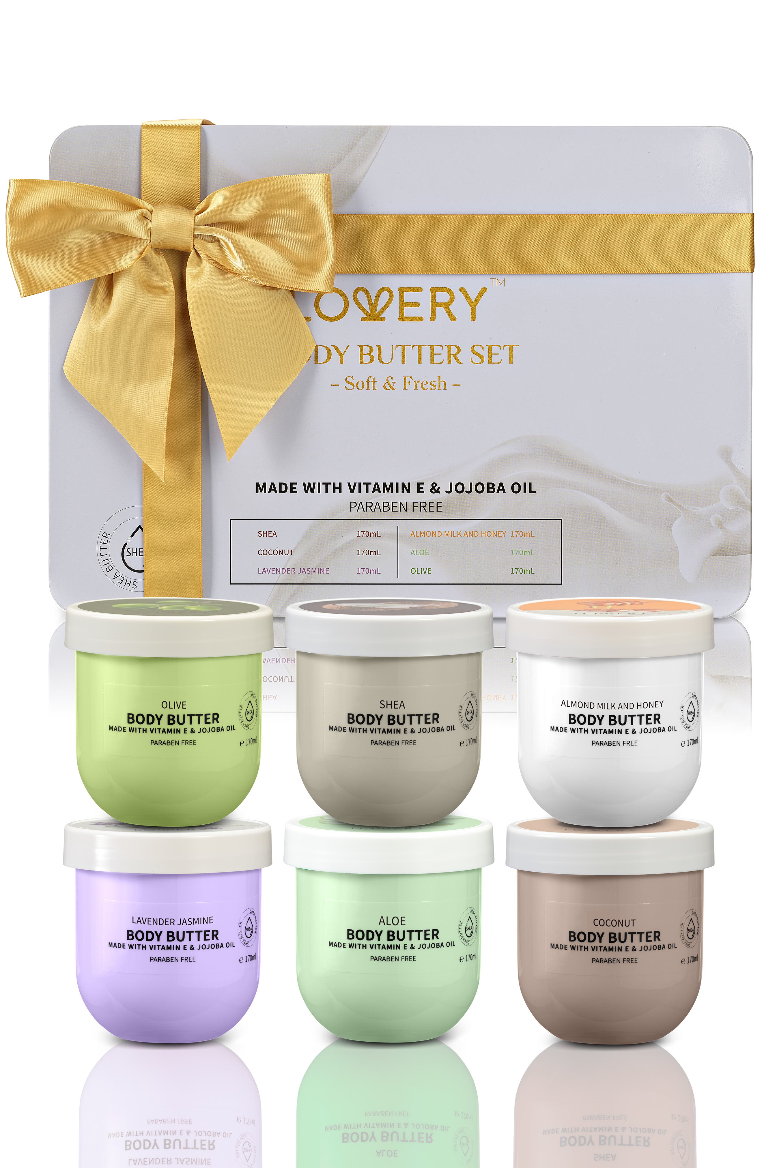 Lovery Whipped Body Butters Gift Set with Bow - 6Pc Moisturizing Lotions - White, Gold, Multi