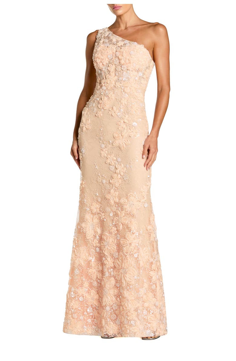 Mac Duggal One Shoulder Floral Embroidered Column Gown, Main, color, Peach