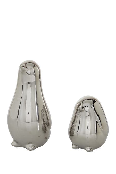 Silvertone Porcelain Bird Sculpture - Set of 2