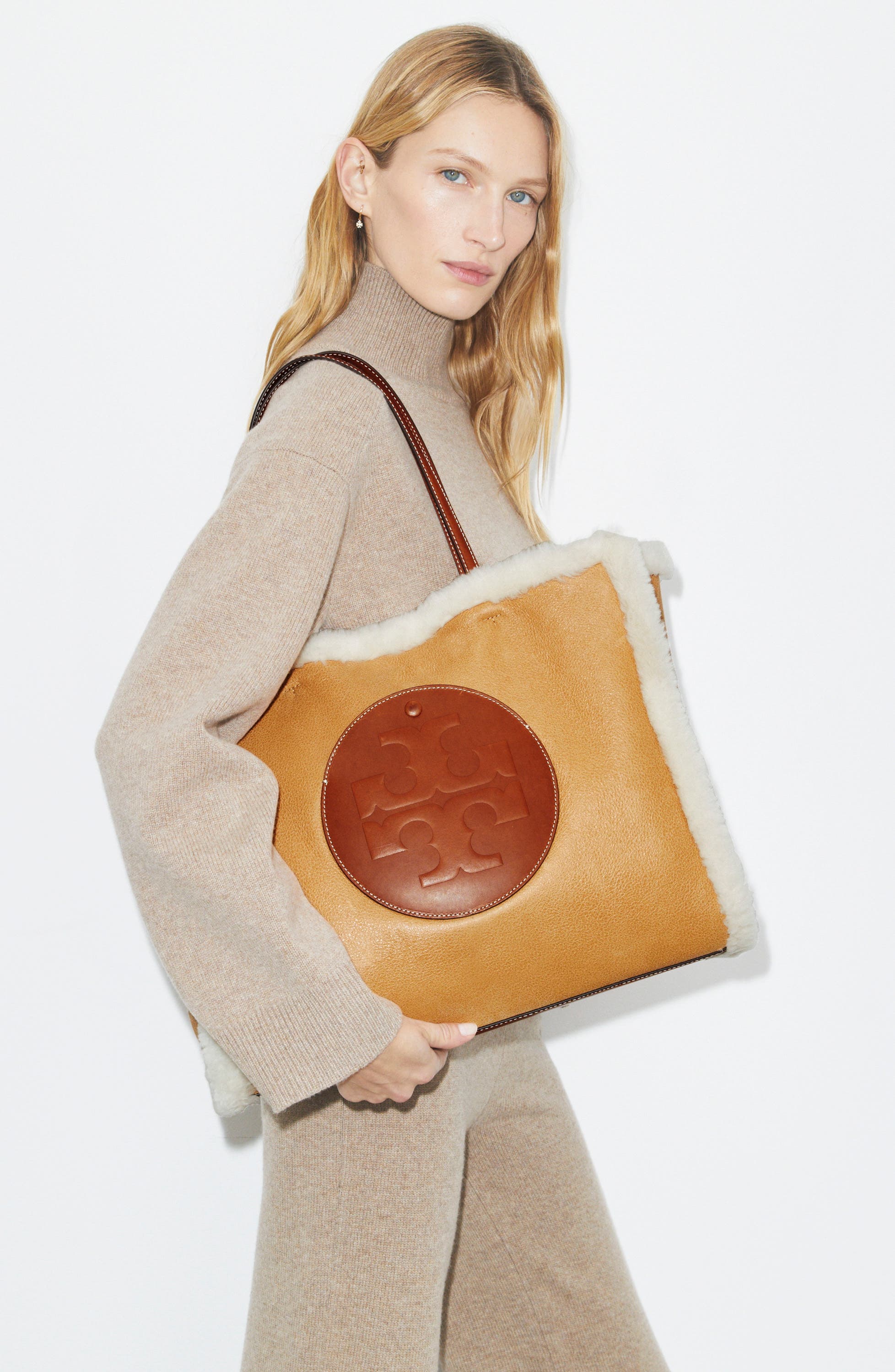 Tory Burch Ella Genuine Shearling Tote, Alternate, color, Light Natural / Brown