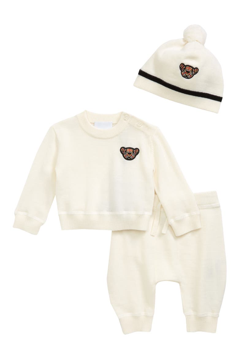 Thomas Bear Appliqué Merino Wool Sweater, Joggers & Hat Set, Main, color, IVORY
