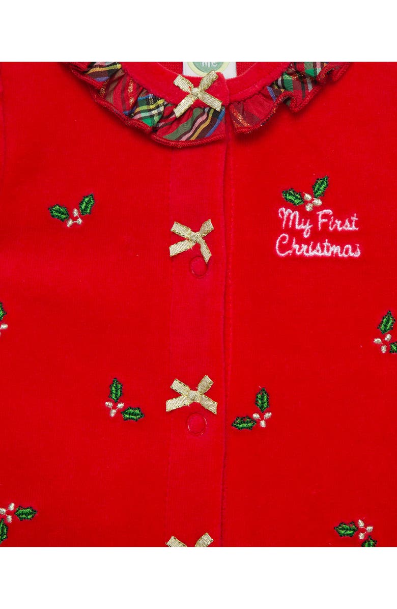 Little Me Holly Embroidered Plaid Trim Cotton Blend Velour Footie, Alternate, color, Red