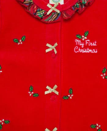 Holly Embroidered Plaid Trim Cotton Blend Velour Footie