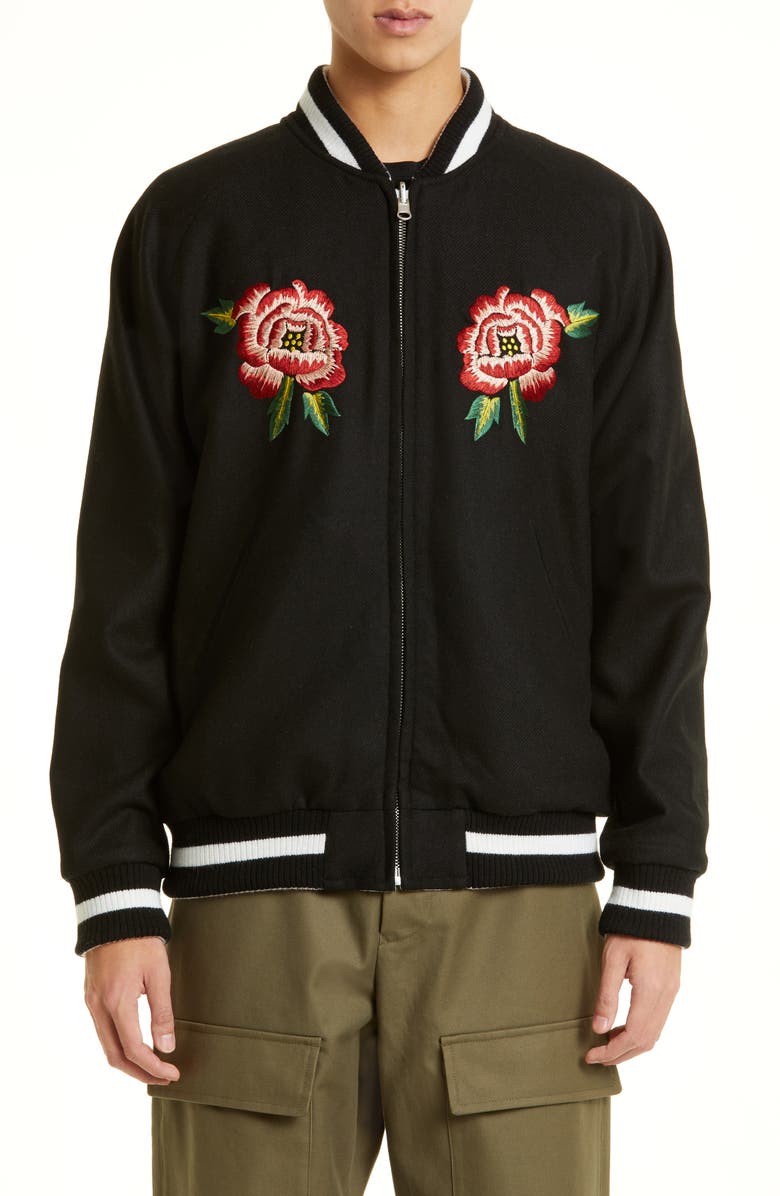 KENZO Souvenir Floral Embroidered Reversible Wool & Satin Bomber Jacket, Main, color,