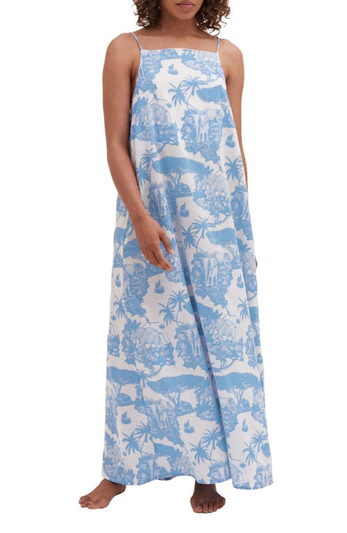 Desmond & Dempsey Print Square Neck Linen Nightgown in Loxodonta Blue 