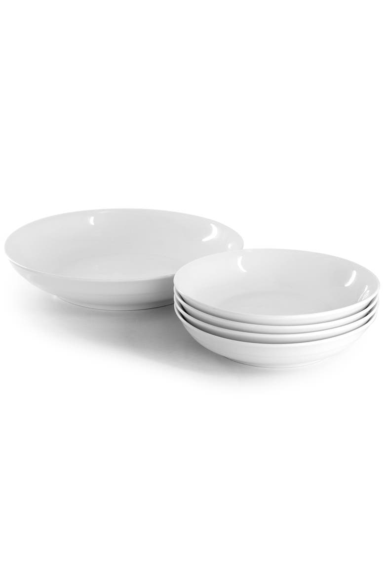 Great Essentials 5 Piece Fine Ceramic Serving Bowl and Pasta Bowl Set, Alternate, color, White