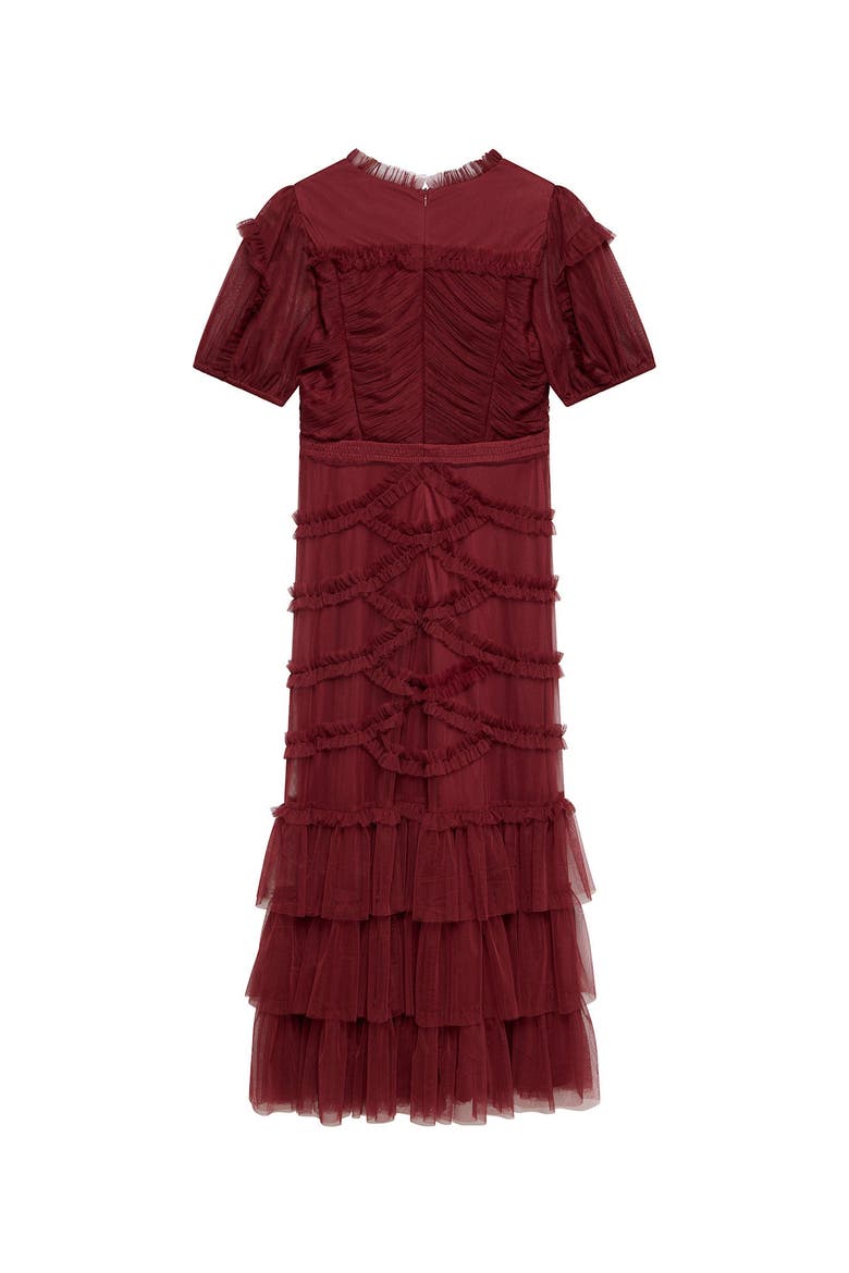 Short Sleeve Tulle Ruffle Maxi Dress, Alternate, color, Burgundy