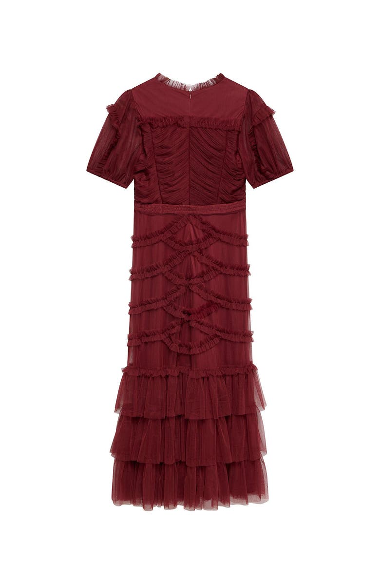 MINT VELVET Short Sleeve Tulle Ruffle Maxi Dress, Alternate, color, Burgundy