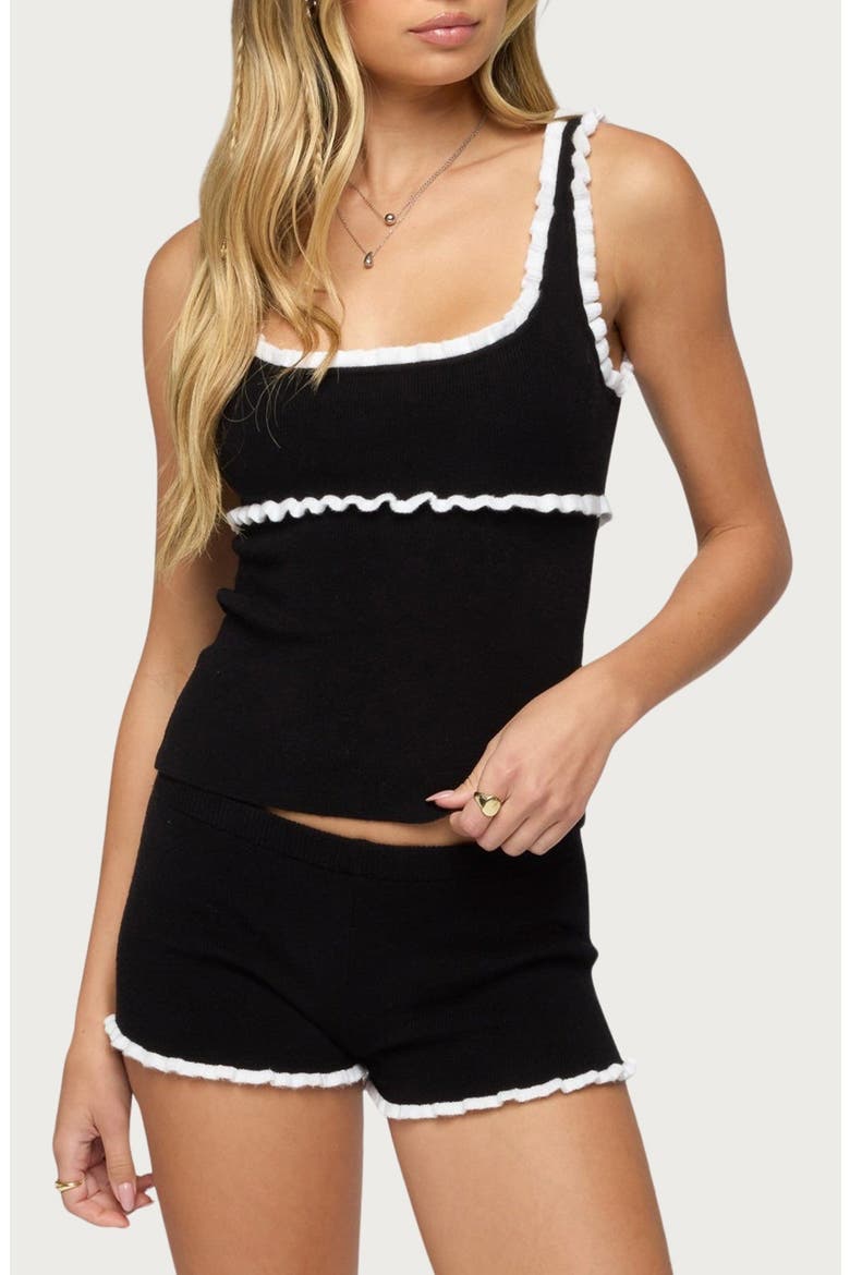 Saffra Contrast Ruffle Knit Top, Main, color, BLACK