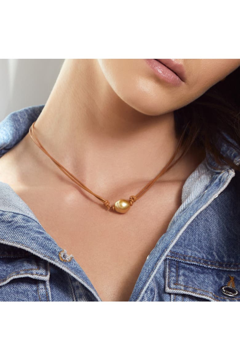 Golden Baroque Pearl Leather Adjustable Necklace, Alternate, color, Golden Pearl