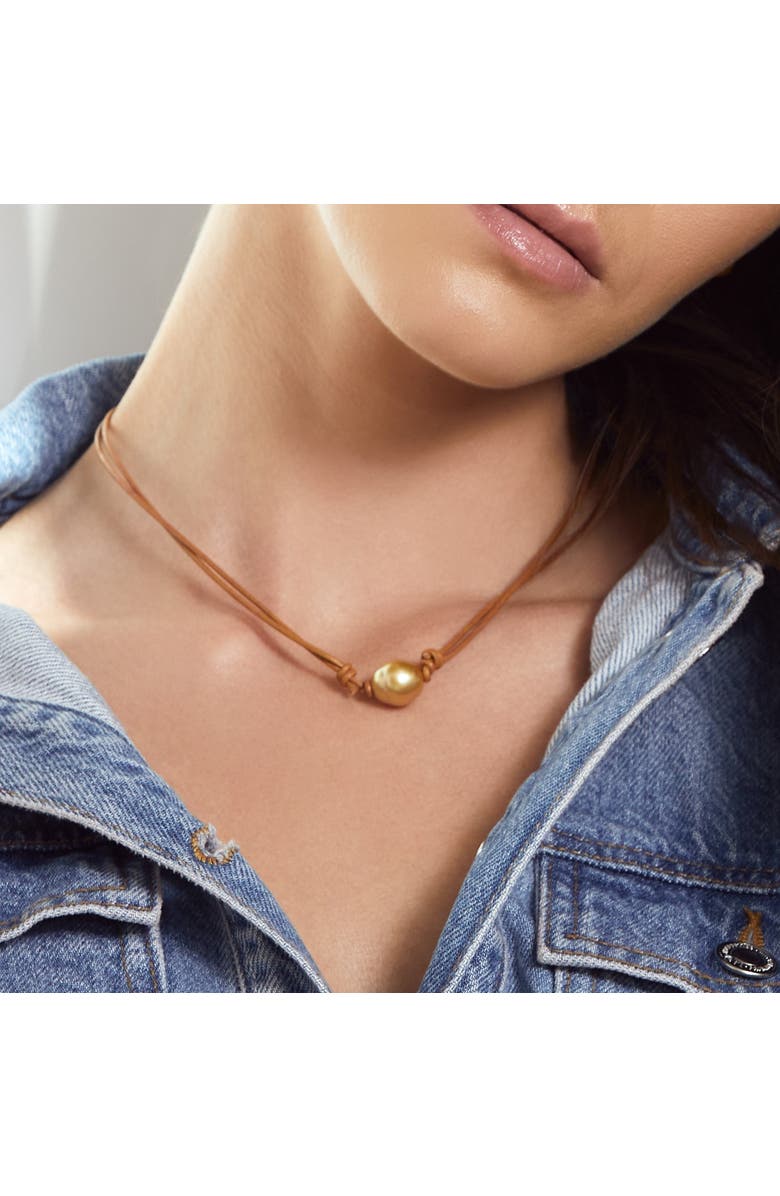 The Pearl Source Golden Baroque Pearl Leather Adjustable Necklace, Alternate, color, Golden Pearl