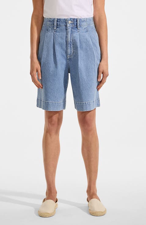 Soft Denim High Rise 7" Pleated Trouser Shorts