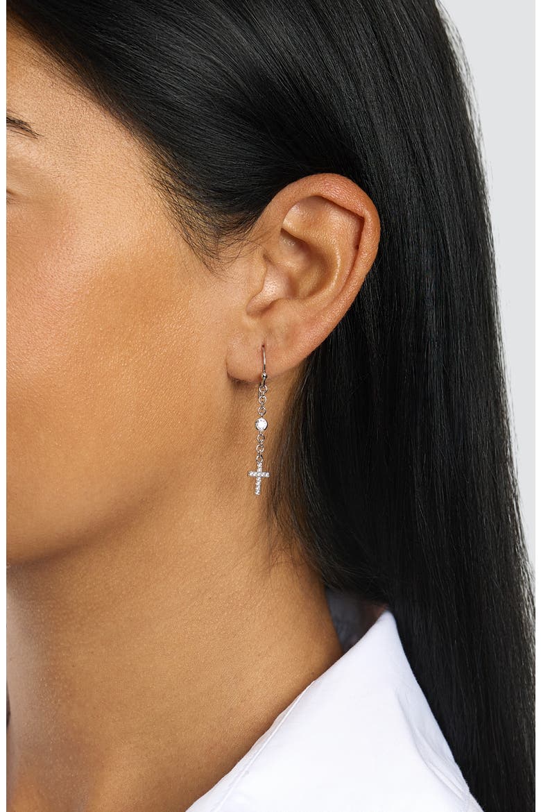 Cubic Zirconia & Cross Charm Drop Earrings, Alternate, color, SILVER